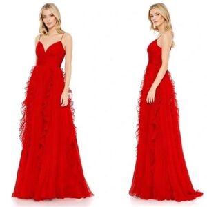 Mac Duggal NWT 70172 Red Spaghetti-Strap Ruffled Evening Gown